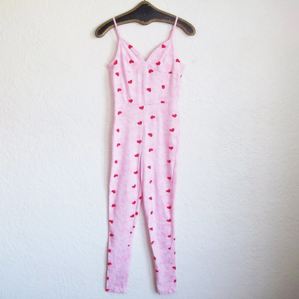 ASOS Heart Print Pink White Stretch Pajama Jumpsuit Catsuit Unitard Sz 2 XS